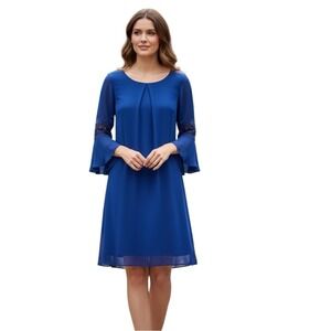 By & By cobalt blue dress, bell sleeves and‎ crochet detailing, Size Medium